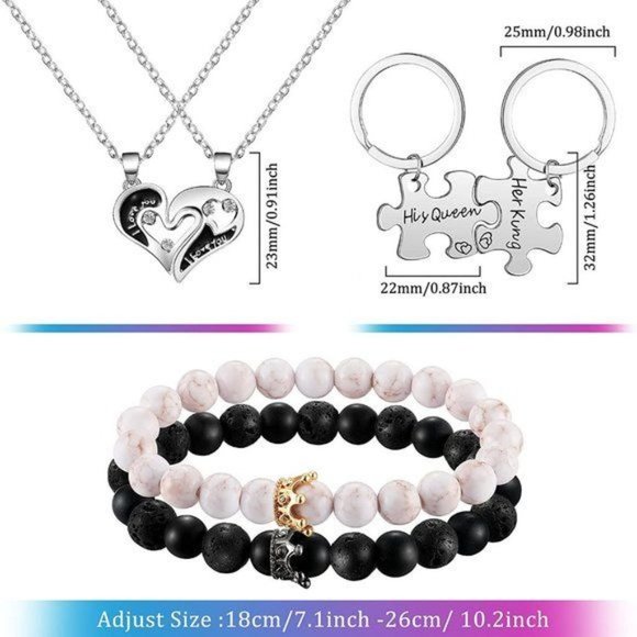 New 12 Pieces Couple Necklace Bracelet Keychain Set Her King His Queen N… - Picture 3 of 5